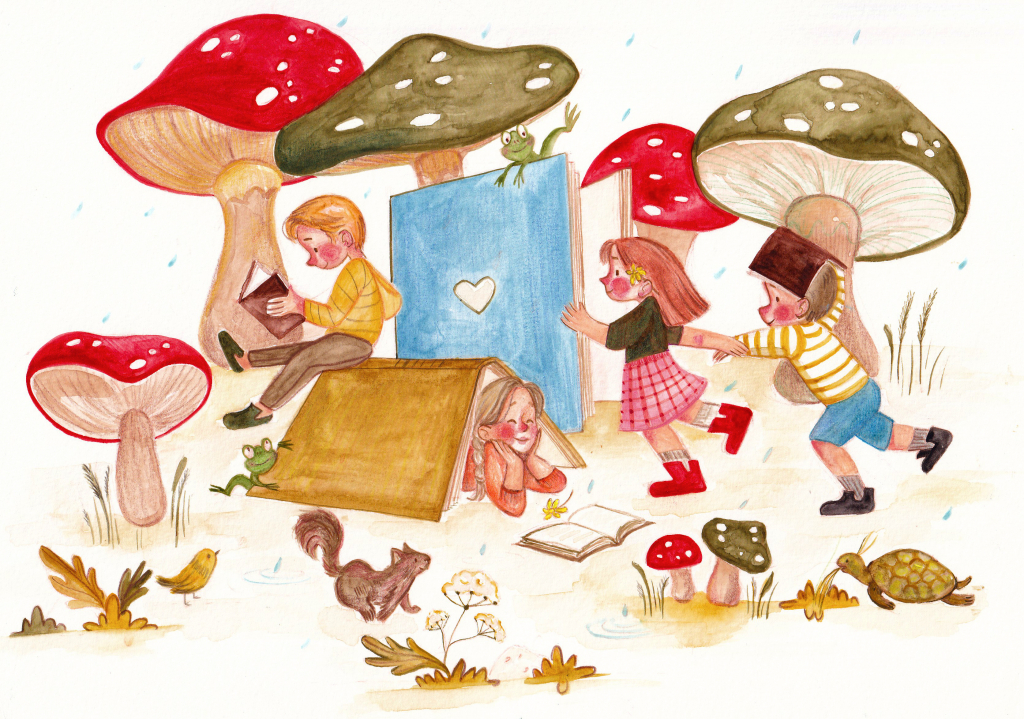 Children and Mushrooms Word Watercolor Illustration