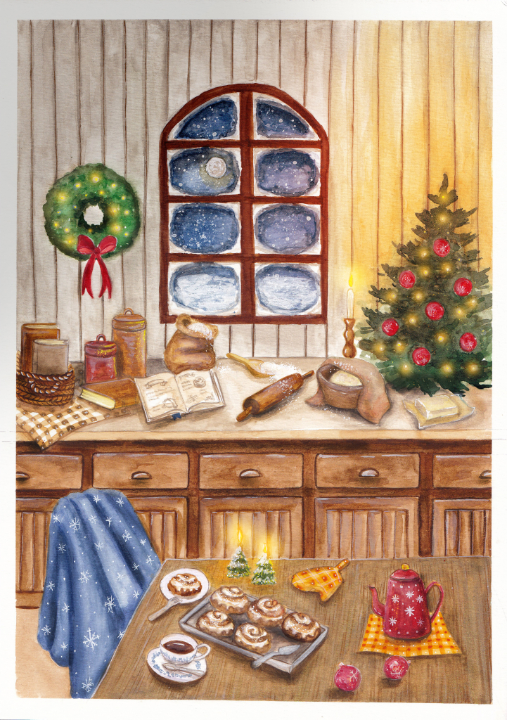 Christmas Kitchen Watercolor Scene